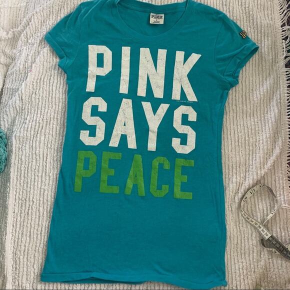 Y2K VICTORIAS SECRET PINK SAYS PEACE TURQUOISE TEE S - Picture 5 of 5